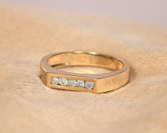 Diamond Block Bar Ring, Gold Signet Ring, Vijf Diamond Dikke Band Ring, Herenring, Natuurlijke Diamant Stapelbare Ring, Verlovingsring