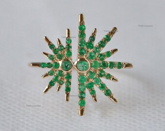Natural Emerald Starburst Ring, 18k Solid Gold Statement Ring, Unique Engagement Ring, Sun Burst Emerald Ring, Christmas Gift, Fine Jewelry