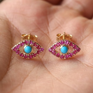 Turquoise Evil Eye stud, Ruby and Turquoise Protection Earring, Solid 14k Yellow Gold Amulet Jewelry Gift For Halloween