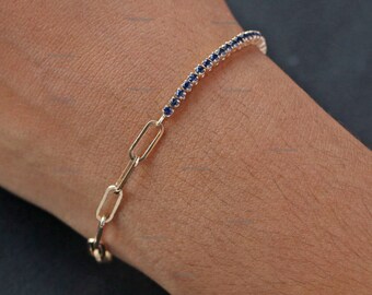 Genuine Blue Sapphire Bracelet/ Solid 14k Yellow Gold Thin Bracelet/ Half Gemstone and Half Gold Paper Clip Link Chain Bracelet