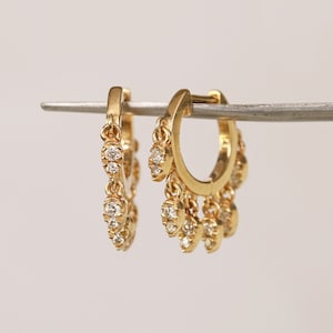 Diamond Teardrops Hanging Hoop Earrings, 14k Gold Drop Hoops, 6 Diamonds Dangling Drop Huggie Hoops earrings, Anniversary Gift For Women