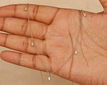 Marquise diamanthänge, halsband i 14k guld med distans, stationshalsband med 5 droppar, elegant kedja, halsband med lager på lager