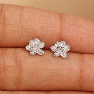 Diamond Paw Studs, Dog Studs, Pet Lover Jewelry, 14k Gold Cartilage Piercing Stud Earrings, Mini Cute Paw Stud Earrings, Fine Jewelry