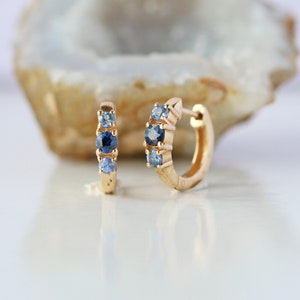 Solid 14k Yellow Gold Gemstone Huggie Hoops | Ombre Blue Sapphire Earring | Minimalist Huggie Hoops For Birthday Gift | Fine Jewelry
