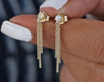 14k Solid Yellow Gold Dangling Drop Chain Earring/Three Chain Layering Earrings Fine Jewelry On Valentine Day/Natural Opal Gemstone Earring.
