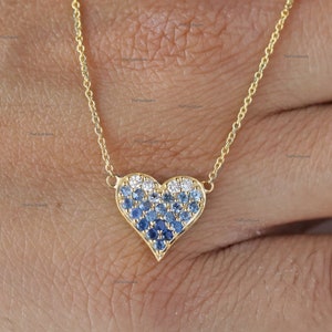 Blue Sapphire Heart Necklace/ 14k Yellow Gold Love Pendant/ Natural Ombre Sapphire Gemstone Necklace/ Diamond Necklace For Lover