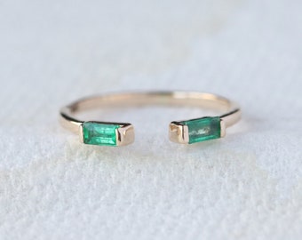 Genuine Emerald Cuff Ring, 14K/18k Gold Emerald Stackable Ring, Baguette Emerald Ring, Gold Open Cuff Ring, May Birthstone Ring