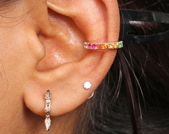 14k Gold Multi Sapphire Cuff Earring, Colorful Open Cuff Earring, Multi Gemstone Cuff, Cartilage Earrings, Without Piercing Earrings