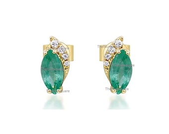 Marquise Zambian Emerald With Natural Diamonds Studs, In Solid 14k Yellow Gold Dainty Christmas Fine Jewelry