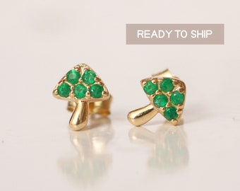 Emerald Mushroom Stud Earrings, 14k Gold Tiny Mushroom Studs, Cute Mushroom Earrings, Cartilage Studs, Dainty Earring, Mothers Day Gift