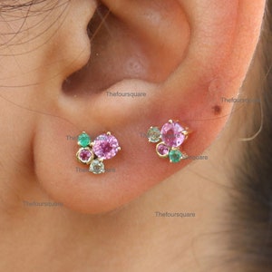 Green And Pink Sapphire With Emerald Cluster Studs, 14k Solid Gold Gemstone Stud Earrings, Anniversary Gift Jewelry For Women