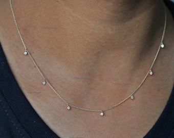 Solid 14k Yellow Gold Layering Chain Necklace | Natural Diamonds Necklace | Bezel Diamond Hanging By The Yard Necklace For Anniversary Gift