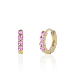 Solid 14k Yellow Gold 4 Stones Hoops/ Genuine Pink Sapphire Gemstone Huggie Hoops/ 4 Gemstones Bridal Minimalist Wedding Jewelry