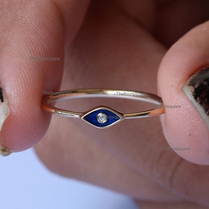 14 Yellow Gold Lapis Enamel Diamond Ring, Evil Eye Dainty Ring, Petite band Ring for Gift, Chritsmas Women Jewelery