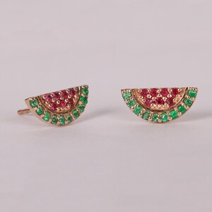 Watermelon Stud Earrings, Emerald & Ruby Half Circle Ring, 14k Gold Earrings, Birthstone Earrings, Unique Earrings, Half Moon Stud
