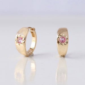 Pink Sapphire Gemstone Star Hoop, Gemstone Huggies Earrings, 14k Yellow Gold Hinged Hoops, Solitaire Hoop Earrings, Christmas Gift Jewelry.