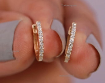 Natural Diamonds Huggie Hoops, Solid 14k Yellow Gold Dainty Earrings Gift For Mom, Sister and Gift For Her Jewelry