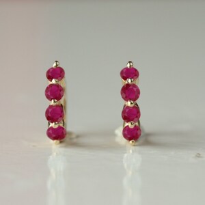 Natural Ruby Gemstone Huggie Hoop, Solid 14k Yellow Gold Earring, 4 Rubies Earrings, New Design Hoops, Wedding Best Handmade Jewelry