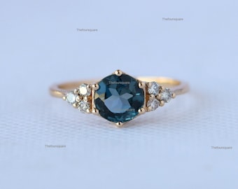 London Blue Topaz Engagement Ring, Natural Trio Diamond 14k Gold Ring, 6 Prong Set Stackable Band, Minimalist Ring, Beautiful Wedding Band