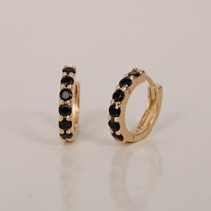 Natural Black Diamonds Hoops/ Solid 14k Yellow Gold Dainty Thick Earrings/ Gift For Her Handmade Fine Jewelry, Anniversary Gift For Women .