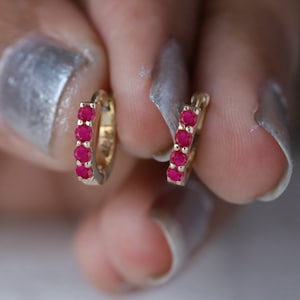 Solid 14k Yellow Gold 4 Stones Hoops/ Genuine Ruby Gemstone Huggie Hoops/ 4 Gemstones Bridal Minimalist Wedding Jewelry