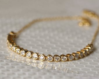 SI Diamond Bracelet, Tennis Bracelet, Diamond Bezel Set Chain Bracelet, 14K Yellow Gold, Anniversary/Christmas Gift Bracelet, Fine Jewelry
