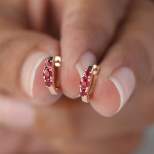 Genuine Ruby Gemstone Small Huggie Hoop Earrings, Solid 14k Yellow Gold 3 Ruby Hoop, 3 Precious Gemstone Fine Jewelry