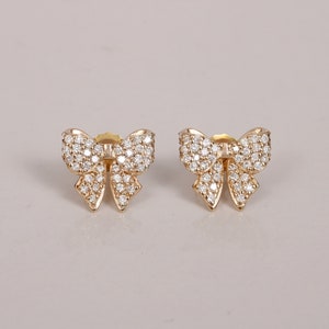Natural Diamonds Bow Studs Earrings, Ribbon Earrings, Cute Earrings, 14k Gold Stylish Knot Earrings, Gift For Her, Micro Pave Diamonds Studs
