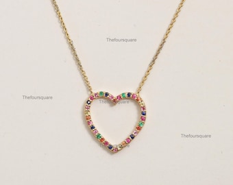 Love Heart Delicate 14k Yellow Gold Necklace, Rainbow Gemstone Pave Heart Dainty Necklace, Charm Pendant Chain Jewelry For Christmas