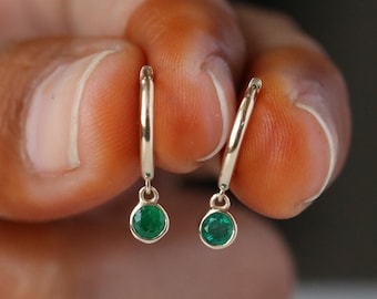 Natural Emerald Drop Hoops Earrings, Bezel Set Solitaire Emerald Dangle Earrings,