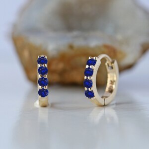 Solid 14k Yellow Gold 4 Stones Hoops/ Genuine Blue Sapphire Gemstone Huggie Hoops/ 4 Gemstones Bridal Minimalist Wedding Jewelry