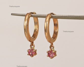 Solid 14k Rose Gold Hoops, Solitaire Pink Sapphire Gemstone Drop Huggie Hoops, 6 Prong Emerald Hoops, Gift For Her, Fine Jewelry