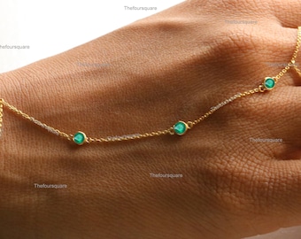 3 Natural Emerald Gemstone Finger Bracelet, Solid 14k Yellow Gold Delicate Chain Bracelet, Bezel Set Slave Bracelet Women/ Girls Jewelry