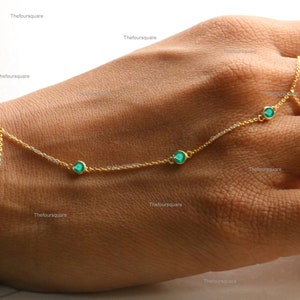 3 Natural Emerald Gemstone Finger Bracelet, Solid 14k Yellow Gold Delicate Chain Bracelet, Bezel Set Slave Bracelet Women/ Girls Jewelry