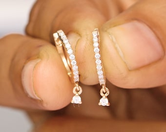 0.20 CT Natural SI G-H Color Diamonds Drop Hoops/ Solid 14k Yellow Gold 2MM Drop Diamond Huggie Earrings/ Tiny Earrings For Mother's Day