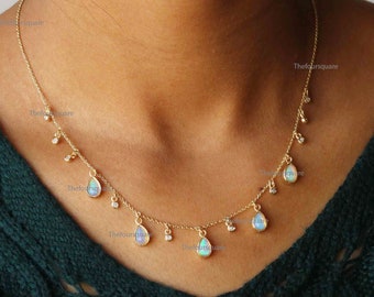 14k Yellow Gold Diamond Ethiopian Pear Opal Necklace, VS Diamond Delicate wedding Necklace, Pear Gemstone Studded Station Fine Jewelry