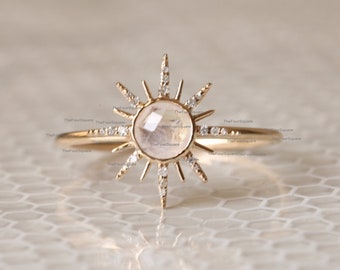 Natural SI Clarity Diamond Moonstone Ring, Starburst Rose Cut Moonstone Diamond Ring, 14k Yellow Gold Wedding Dainty Ring, Fine Xmas Jewelry