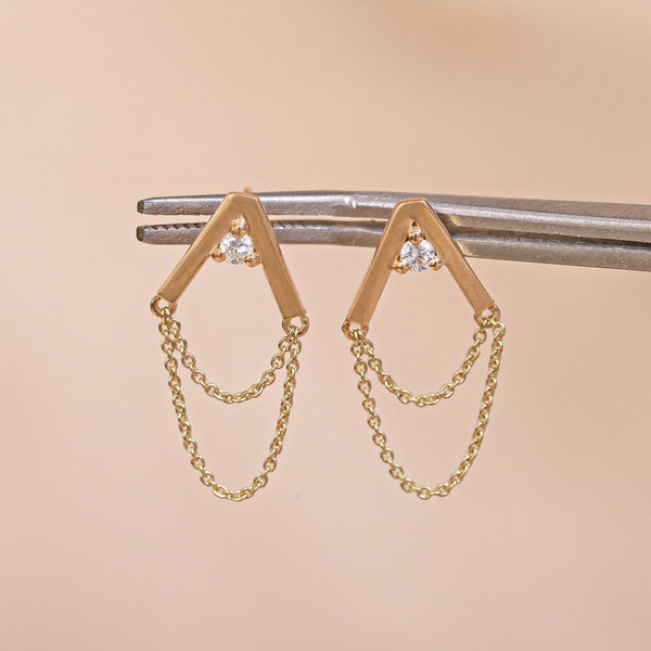 Solid 14k Yellow Gold Earring | Solitaire Natural Diamond Chain Earring | Gold Chevron Design Earring | Diamond 3 Prong Double Chain Earring