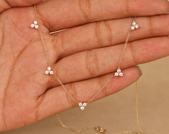 Trio Diamond Chain Necklace, 14k Solid Gold Natural Diamond Distance Necklace, Diamond Wedding Necklace, Layering Necklace, Gift For Her