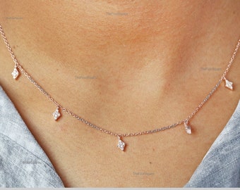 Halsband i massivt 14k gult guld med kite drop station, handgjorda fina smycken/ 0,25 karat diamantkedja/ present till kvinnor/ julrea