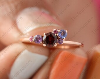 Garnet, Amethyst Cluster Band Ring, 14K Yellow Gold Sapphire Gemstone Dainty Ring, Sapphire Ring, Anniversary Gift Jewelry, Christmas gifts