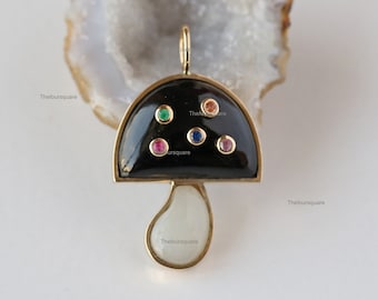Unique Mushroom Design Pendant, Multi Gemstone Pendant, 14k Solid Gold Pendant For Necklace, Gift For Her, Vermeil Mushroom Pendant