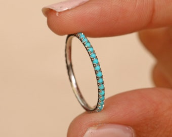 Natural Turquoise Gemstone Eternity Ring, Dainty For Women, 14K White Gold Thin Band Turquoise Studded Wedding Ring  Jewelry For Anniversary