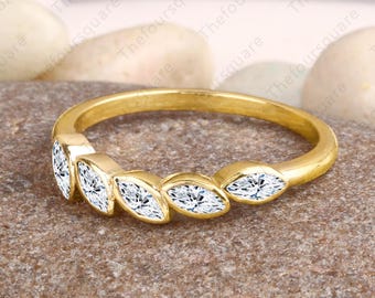 Natürlicher Fünf Marquise Diamantring, stapelbarer Kronenring aus 14 Karat Gold, minimalistischer Jubiläumsring, gebogener Ring, Brautkopfschmuck
