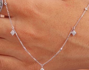 Halsband med naturlig diamant, elegant stationskedja i 14 karat massivt guld, elegant dropphalsband med bezel, minimalistisk present till henne