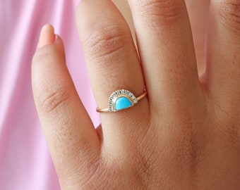 Genuine Turquoise & Diamond Half Moon Ring, 18k Solid Gold Stackable Band, Wedding Band For Women, D Shape Ring, Christmas Gift For Her