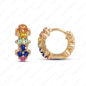 Rainbow Sapphire Hoop Earrings, 14k Solid Gold Colorful Sapphire Earrings, Party Wear Hoop Earring, Mini Cartilage Huggie Hoop, Gift For Her