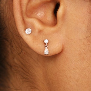 Two Diamond Drop Stud Earrings, 14k White Gold Pear Drop Earrings, Cartilage Earrings, Minimalist Earrings, Natural Diamonds Earrings
