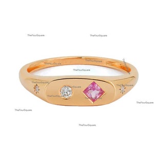 Solid 14k Rose Gold Ring, Genuine Princess Pink Sapphire Ring, Natural Diamonds Star Ring, Signet Ring, Gemstone and Diamonds Fine Jewelry