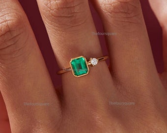 Natural Emerald Wedding Ring, 14k Gold Octagon Emerald Ring, Unique Engagement Ring, Two Stone Ring, May Birthstone Ring, Anniversary Gift